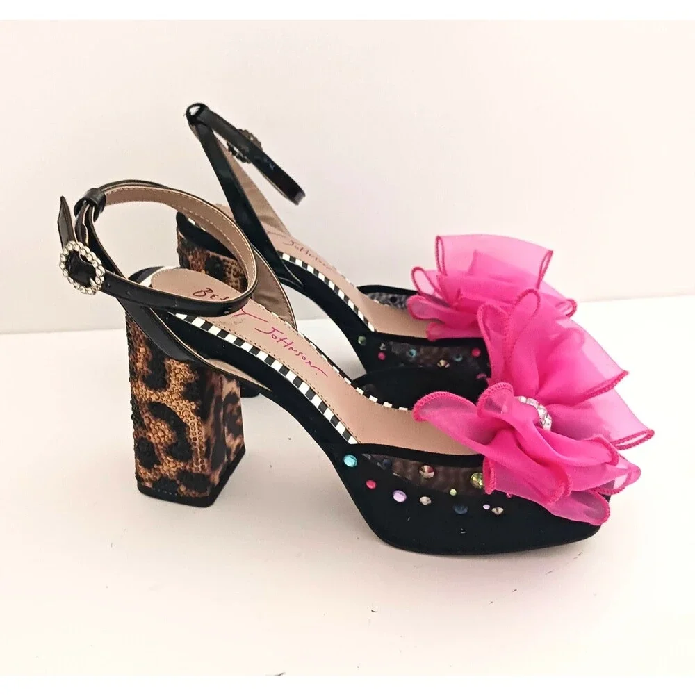 NEW Betsey Johnson Palloma Platform Sandal Bead Leopard Heel Pink Tulle Bow Sz 6
